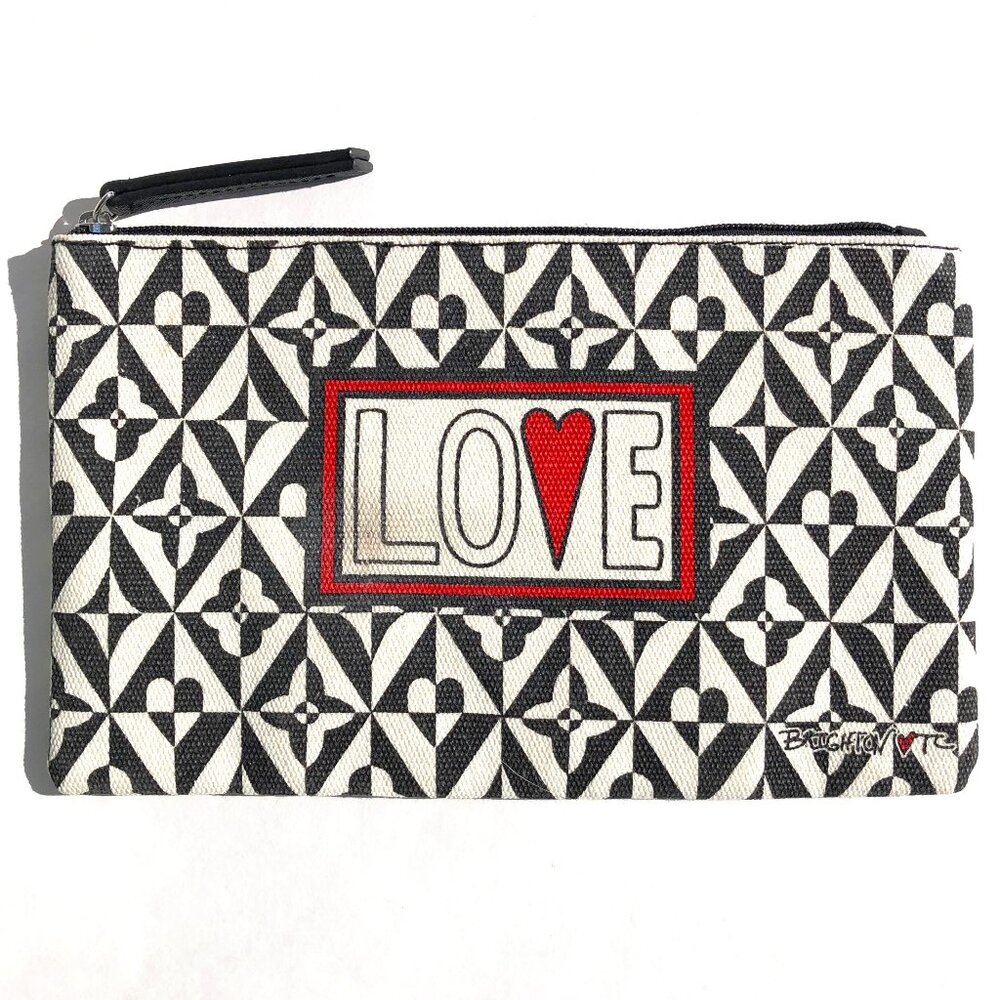 BRIGHTON LOVE Canvas Zipper Pouch Makeup Cosmetic Bag travel heart black & white